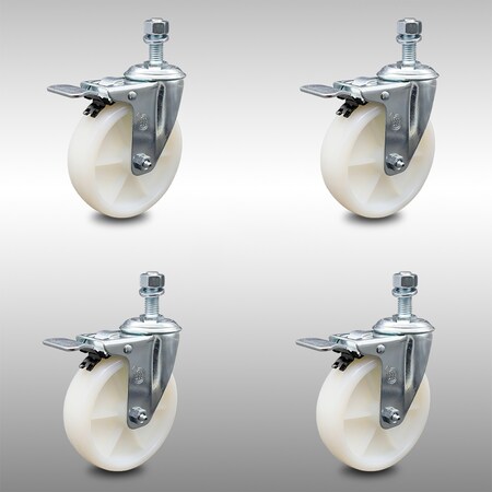Service Caster 5 Inch SS Nylon Wheel Swivel 12mm Threaded Stem Caster Set Total Lock Brake SCC-SSTSTTL20S514-NYS-M1215-4